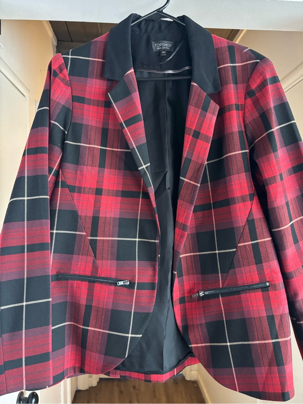 Topshop Red and Black Plaid Blazer with Contrast Collar